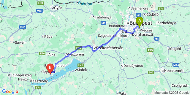 Map: Budapest Airport (BUD), Ferihegy, Liszt Ferenc to Kővágóörs