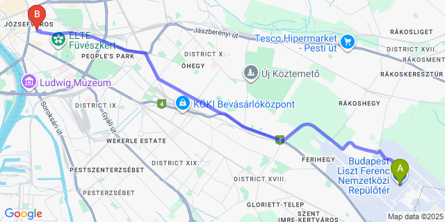 Map: Budapest Airport (BUD), Ferihegy, Liszt Ferenc to Kozmo Hotel Suites & Spa