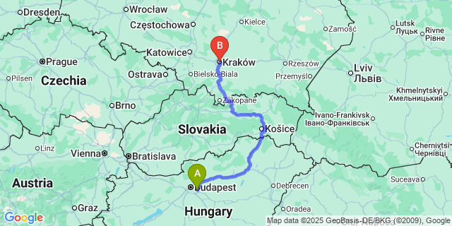 Map: Budapest Airport (BUD), Ferihegy, Liszt Ferenc to Krakow