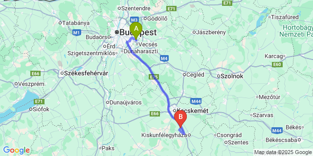 Map: Budapest Airport (BUD), Ferihegy, Liszt Ferenc to Kunszállás