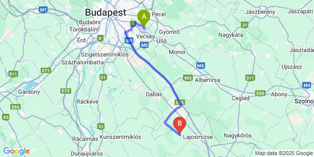 Map: Budapest Airport (BUD), Ferihegy, Liszt Ferenc to Ladánybene