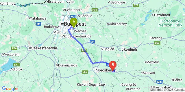 Map: Budapest Airport (BUD), Ferihegy, Liszt Ferenc to Lakitelek