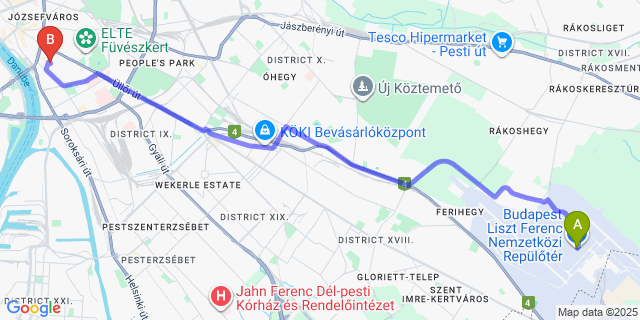 Map: Budapest Airport (BUD), Ferihegy, Liszt Ferenc to Leonardo Hotel Budapest Tompa utca 34.