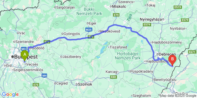 Map: Budapest Airport (BUD), Ferihegy, Liszt Ferenc to Létavértes