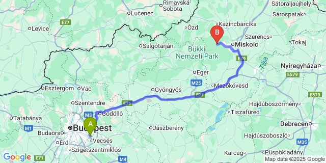 Map: Budapest Airport (BUD), Ferihegy, Liszt Ferenc to Lillafüred