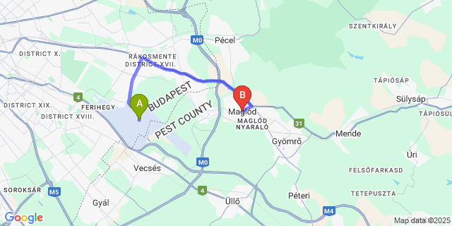 Map: Budapest Airport (BUD), Ferihegy, Liszt Ferenc to Maglód