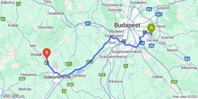 Map: Budapest Airport (BUD), Ferihegy, Liszt Ferenc to Magyaralmás