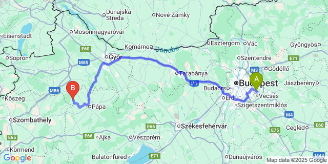 Map: Budapest Airport (BUD), Ferihegy, Liszt Ferenc to Magyargencs
