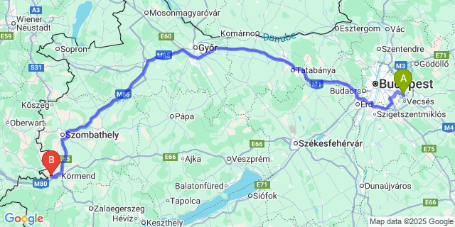 Map: Budapest Airport (BUD), Ferihegy, Liszt Ferenc to Magyarnádalja