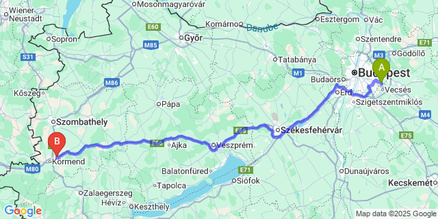Map: Budapest Airport (BUD), Ferihegy, Liszt Ferenc to Magyarszecsőd
