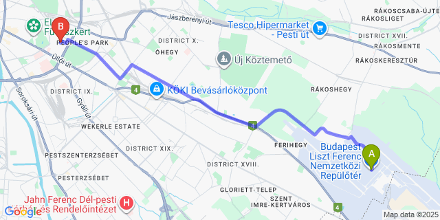 Map: Budapest Airport (BUD), Ferihegy, Liszt Ferenc to Manzard Panzio