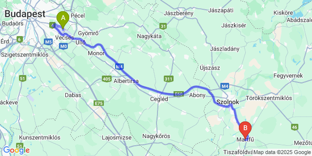 Map: Budapest Airport (BUD), Ferihegy, Liszt Ferenc to Martfű