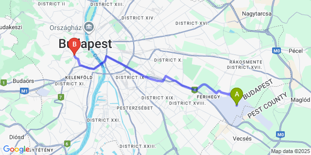 Map: Budapest Airport (BUD), Ferihegy, Liszt Ferenc to Mediterran Hotel