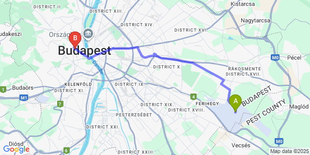 Map: Budapest Airport (BUD), Ferihegy, Liszt Ferenc to Mercure Budapest Castle Hill