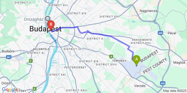 Map: Budapest Airport (BUD), Ferihegy, Liszt Ferenc to Mercure Budapest City Center Hotel