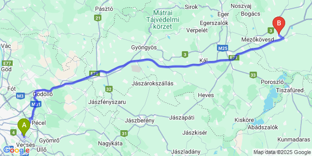 Map: Budapest Airport (BUD), Ferihegy, Liszt Ferenc to Mezőkeresztes