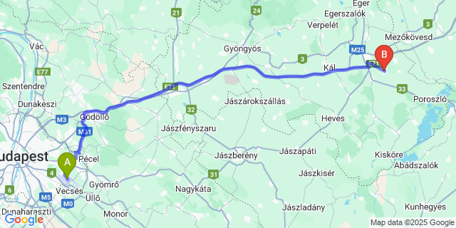 Map: Budapest Airport (BUD), Ferihegy, Liszt Ferenc to Mezőtárkány
