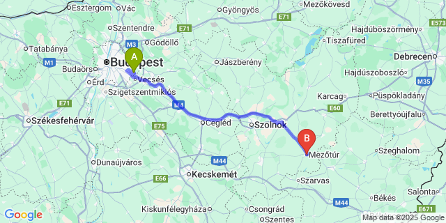 Map: Budapest Airport (BUD), Ferihegy, Liszt Ferenc to Mezőtúr