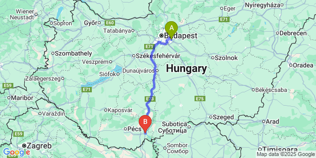 Map: Budapest Airport (BUD), Ferihegy, Liszt Ferenc to Mohács