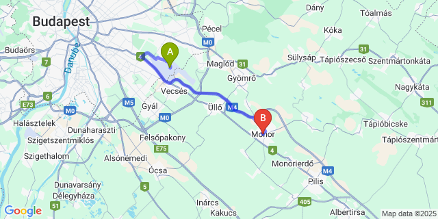 Map: Budapest Airport (BUD), Ferihegy, Liszt Ferenc to Monor