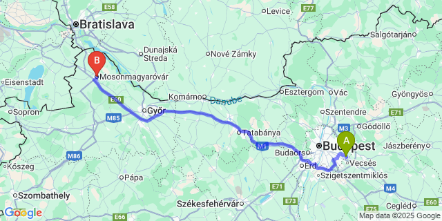 Map: Budapest Airport (BUD), Ferihegy, Liszt Ferenc to Mosonmagyaróvár