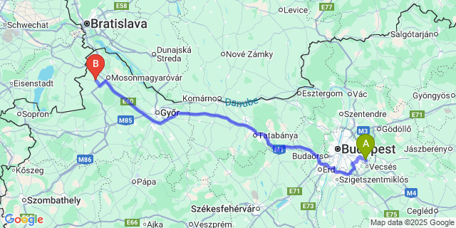 Map: Budapest Airport (BUD), Ferihegy, Liszt Ferenc to Mosonszolnok