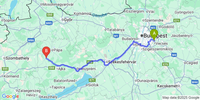 Map: Budapest Airport (BUD), Ferihegy, Liszt Ferenc to Nagyalásony