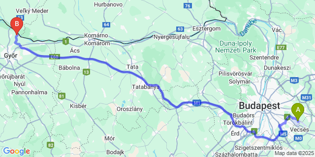 Map: Budapest Airport (BUD), Ferihegy, Liszt Ferenc to Nagybajcs