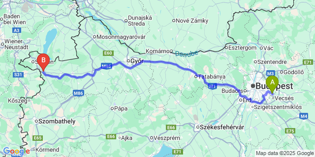 Map: Budapest Airport (BUD), Ferihegy, Liszt Ferenc to Nagycenk