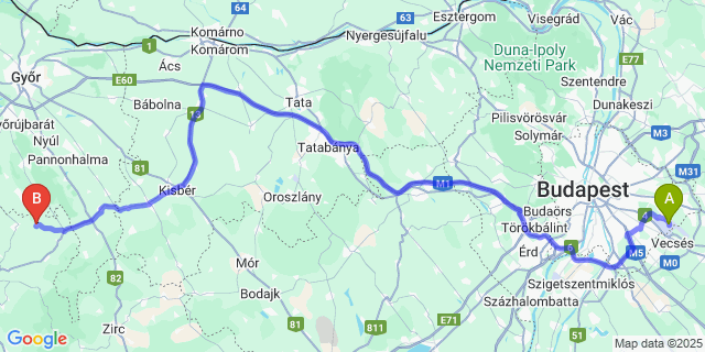 Map: Budapest Airport (BUD), Ferihegy, Liszt Ferenc to Nagydém