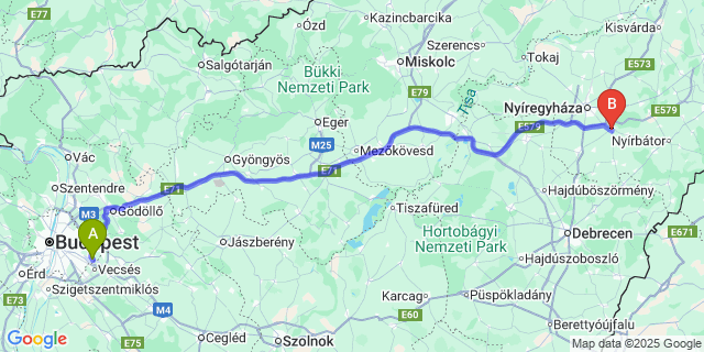 Map: Budapest Airport (BUD), Ferihegy, Liszt Ferenc to Nagykálló