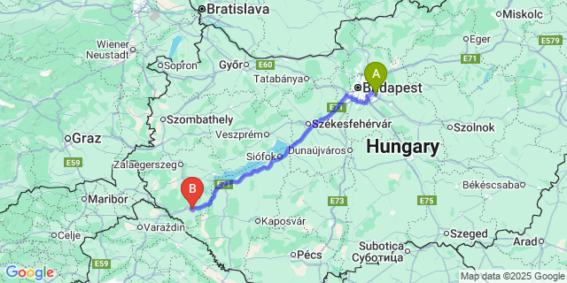 Map: Budapest Airport (BUD), Ferihegy, Liszt Ferenc to Nagykanizsa