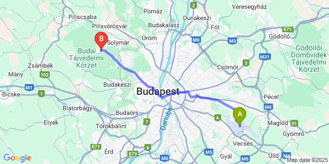 Map: Budapest Airport (BUD), Ferihegy, Liszt Ferenc to Nagykovácsi