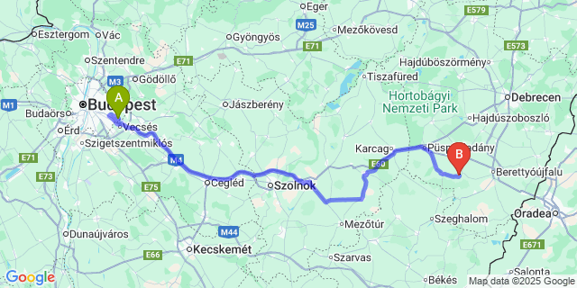 Map: Budapest Airport (BUD), Ferihegy, Liszt Ferenc to Nagyrábé