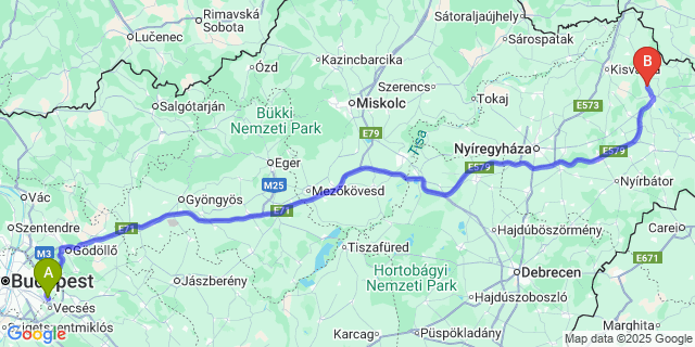Map: Budapest Airport (BUD), Ferihegy, Liszt Ferenc to Nagyvarsány