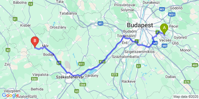 Map: Budapest Airport (BUD), Ferihegy, Liszt Ferenc to Nagyveleg