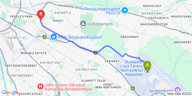 Map: Budapest Airport (BUD), Ferihegy, Liszt Ferenc to Nap Hotel