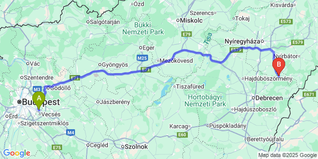 Map: Budapest Airport (BUD), Ferihegy, Liszt Ferenc to Nyíradony