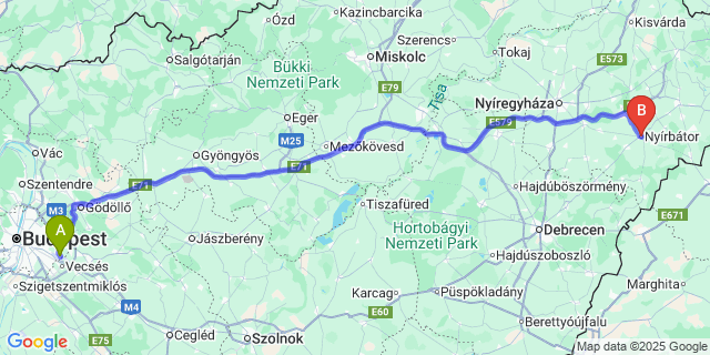 Map: Budapest Airport (BUD), Ferihegy, Liszt Ferenc to Nyírbátor