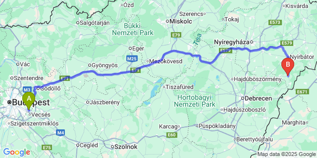 Map: Budapest Airport (BUD), Ferihegy, Liszt Ferenc to Nyírbéltek