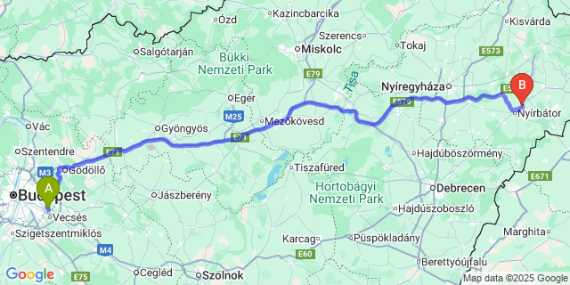 Map: Budapest Airport (BUD), Ferihegy, Liszt Ferenc to Nyírcsászári