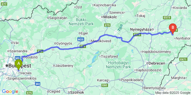 Map: Budapest Airport (BUD), Ferihegy, Liszt Ferenc to Nyírgyulaj