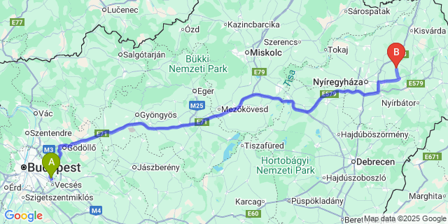 Map: Budapest Airport (BUD), Ferihegy, Liszt Ferenc to Nyíribrony