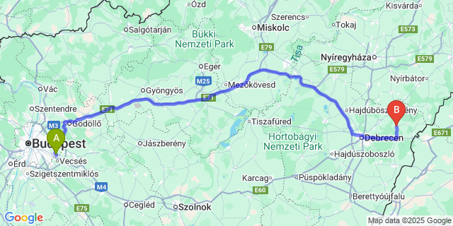 Map: Budapest Airport (BUD), Ferihegy, Liszt Ferenc to Nyírmártonfalva