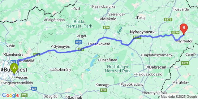 Map: Budapest Airport (BUD), Ferihegy, Liszt Ferenc to Nyírmeggyes