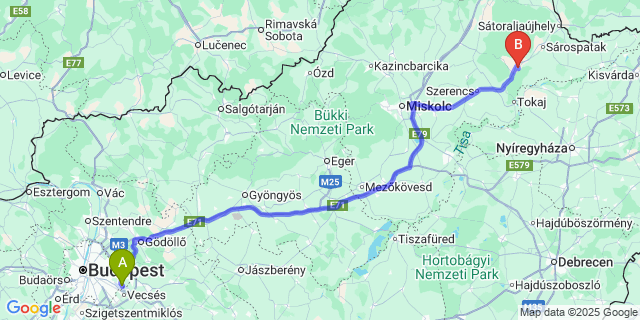 Map: Budapest Airport (BUD), Ferihegy, Liszt Ferenc to Olaszliszka