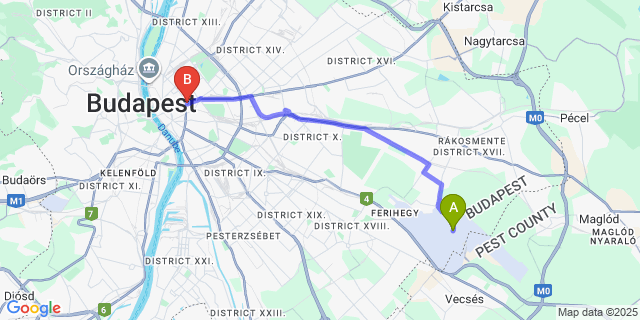Map: Budapest Airport (BUD), Ferihegy, Liszt Ferenc to Omega Guesthouse Budapest