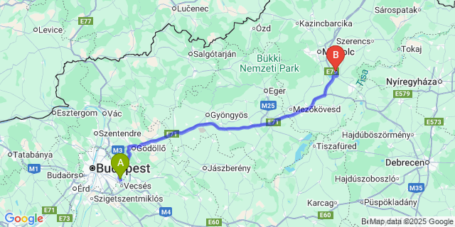 Map: Budapest Airport (BUD), Ferihegy, Liszt Ferenc to Ónod