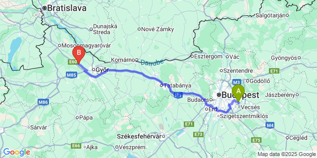 Map: Budapest Airport (BUD), Ferihegy, Liszt Ferenc to Öttevény