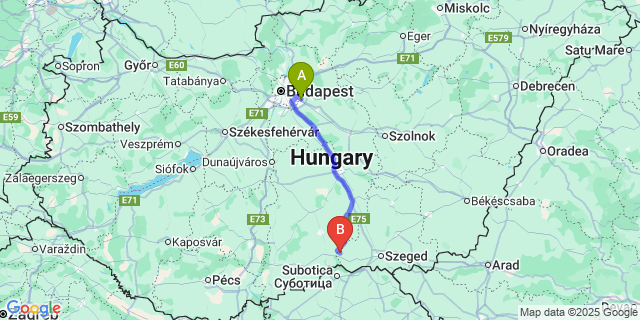 Map: Budapest Airport (BUD), Ferihegy, Liszt Ferenc to Öttömös